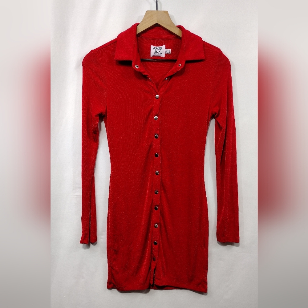 Princess Polly Elody Long Sleeve Shirt Dress Women's 4 Red Holiday Boho Retro - Picture 2 of 9